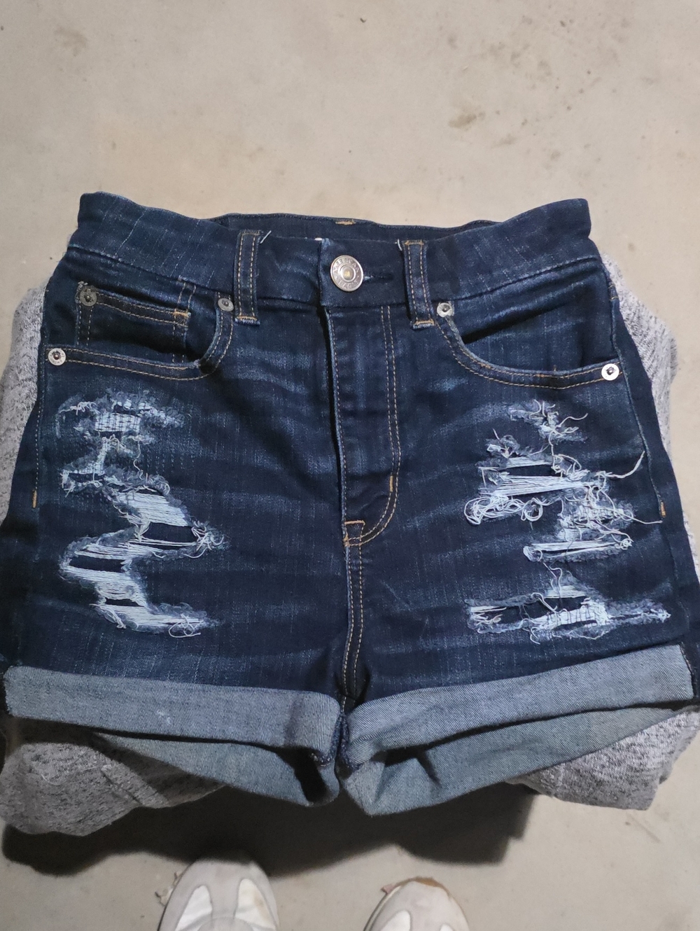 American Eagle Outfitters Dark Blue Distressed Rolled Cuff Denim Shorts